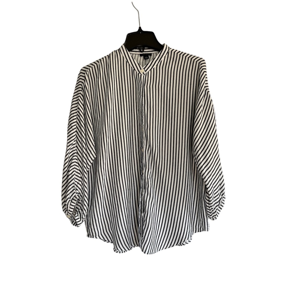 Ann Taylor Striped Button Down Collarless 3/4 Sleeve Relaxed Fit Casual Blouse S